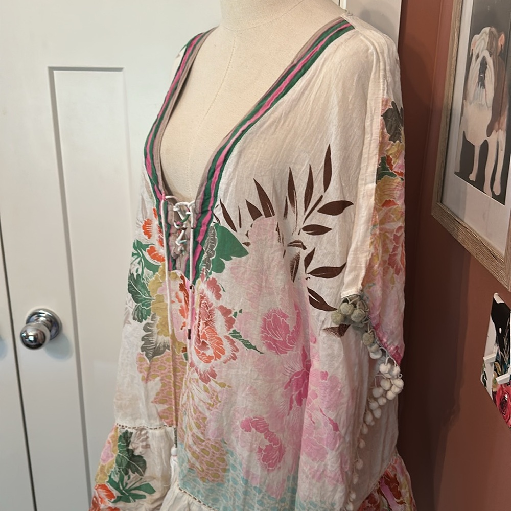 Z&L Floral Print Pom Poms cotton tassel drop waist lace up OS Kaftan Cover-Up - Picture 7 of 16